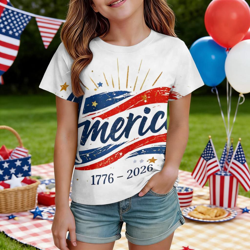 Kids Independence Day Print Round Neck Short Sleeve Casual T-shirt