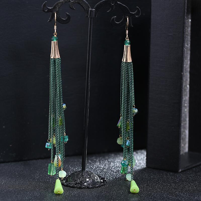 Retro trendy bohemian crystal fringed earrings 925 silver stud earrings temperament long women's personalized earrings