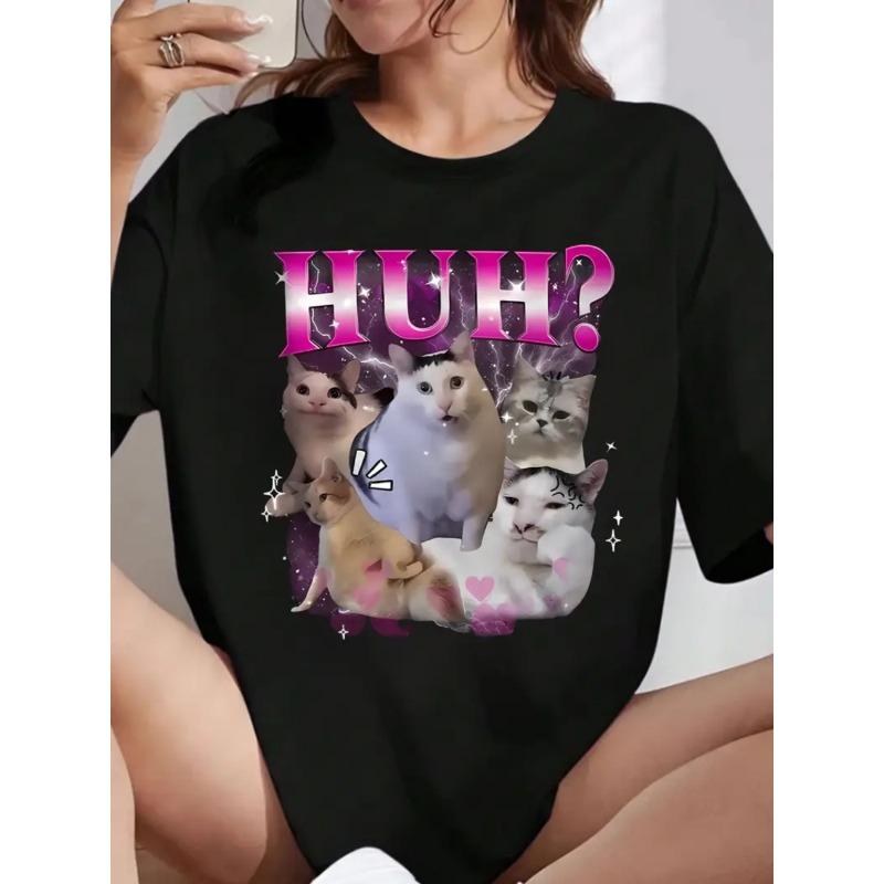 Women s Cute Cat & Huh? Inspirational Meme T-Shirt - Kawaii Koneko Cat Ear Design for Cat Lovers, Text Print Top XL