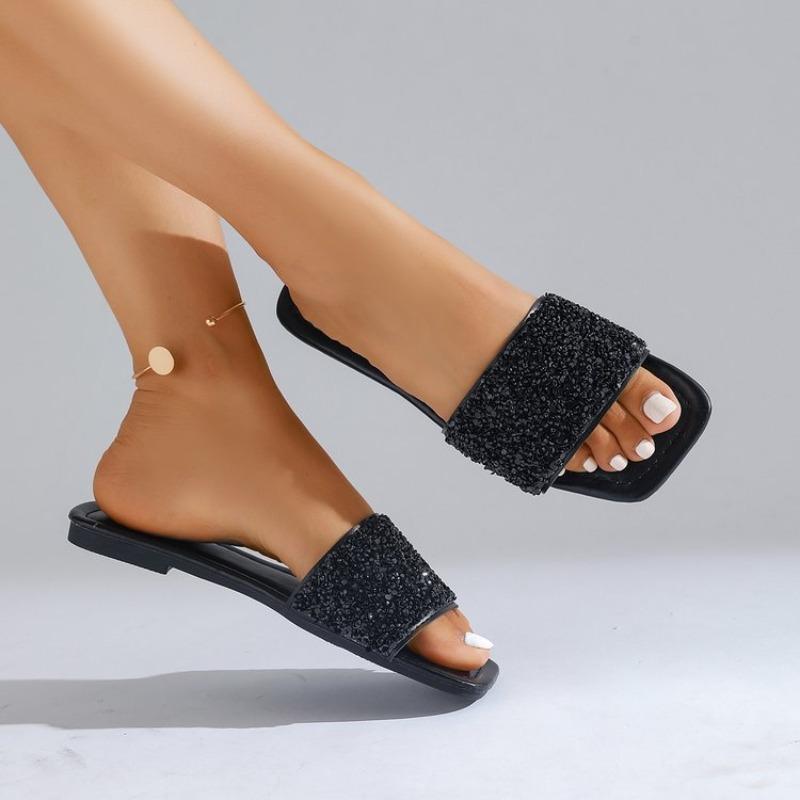 Fashion Summer Women's French Sequined Fairy Shoes Cool Flat Bottom Beach Rhinestones Slides Slippers