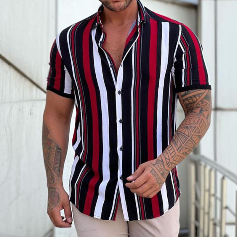 2026 Summer Fashion Men s Personalized Striped Shirt Casual Loose Short Sleeve Cardigan Men s Loose Tops S красный