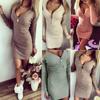 Women Zip Up V Neck Long Sleeve Knitted Bodycon Party Evening Mini Tops Dress