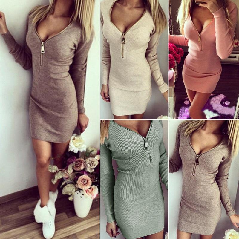 Women Zip Up V Neck Long Sleeve Knitted Bodycon Party Evening Mini Tops Dress