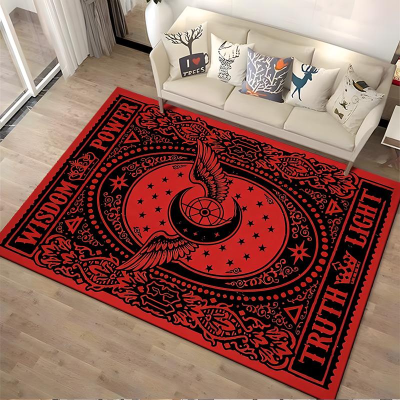 Red and Black Carpet with Winged Moon, Stars, Wisdom Power Design Suitable for Use As an Anti-slip for Living Room Bedroom Sofas
