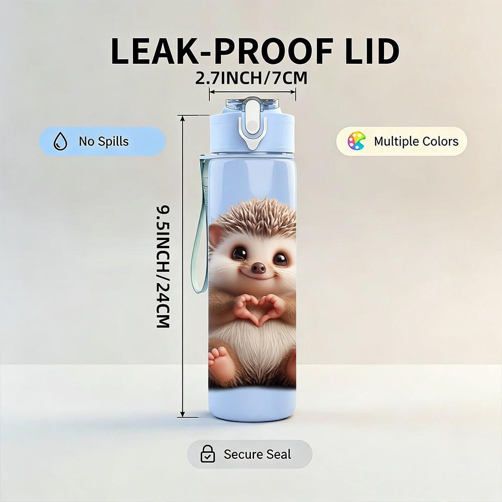 1PC Cute Hedgehog Animal Portrait Print 750ml Color Plastic Sports Water Bottle Leakproof Flip Straw Lid Suitable for Sports Office Home Use