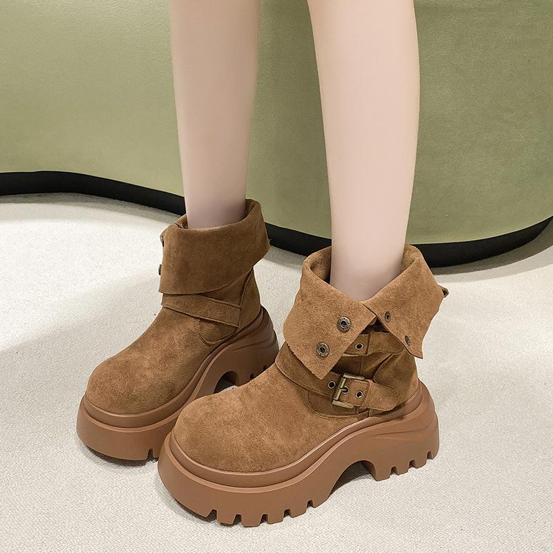 Khaki Platform Martin Boots Women's 2025 New Popular Maillard Short Boots Two Wear Suede Belt Buckle Medium Boots