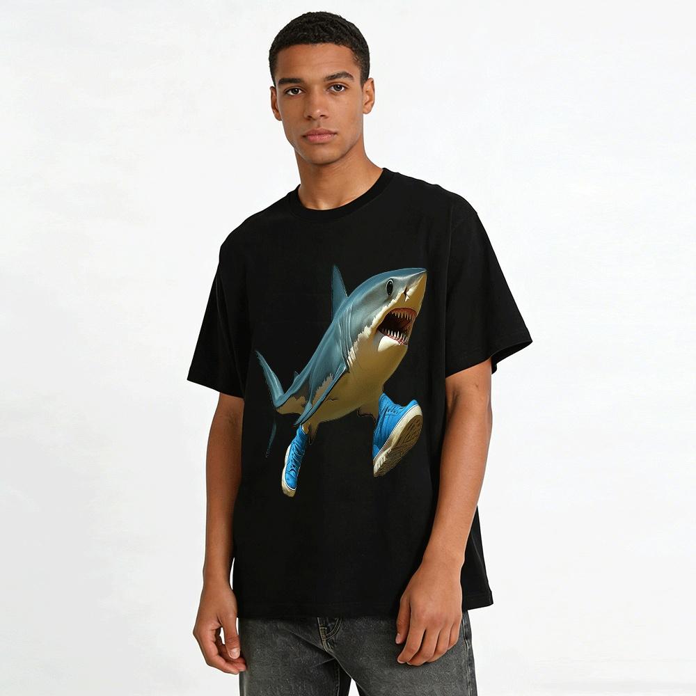Funny Shark Wearing Sneakers Graphic Tee Unisex Casual Top Pure Cotton T-shirt