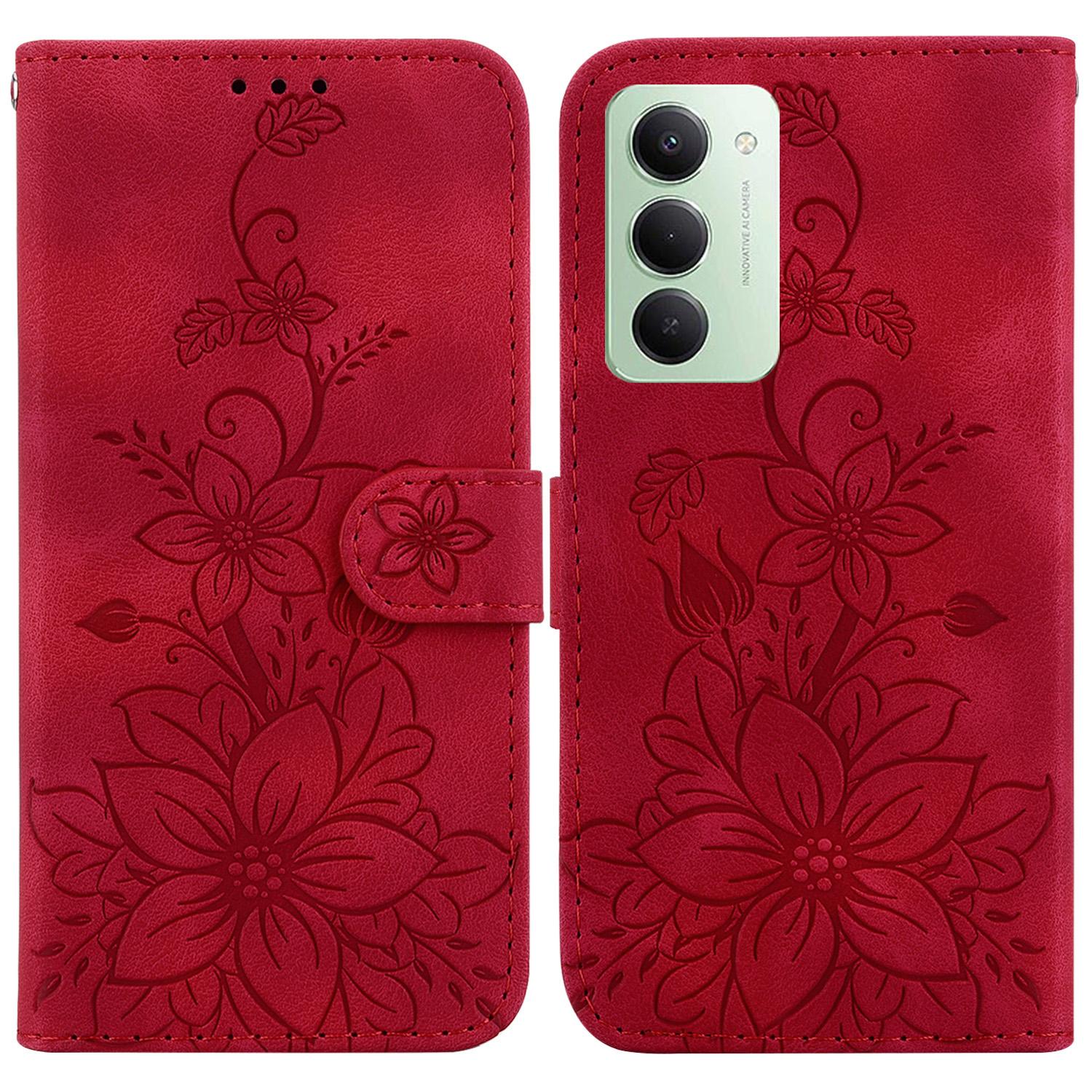 

For Xiaomi Redmi 15 5G (Global) (169mm) Stand Case Lily Flower Imprint Leather Phone Cover with Wrist Strap