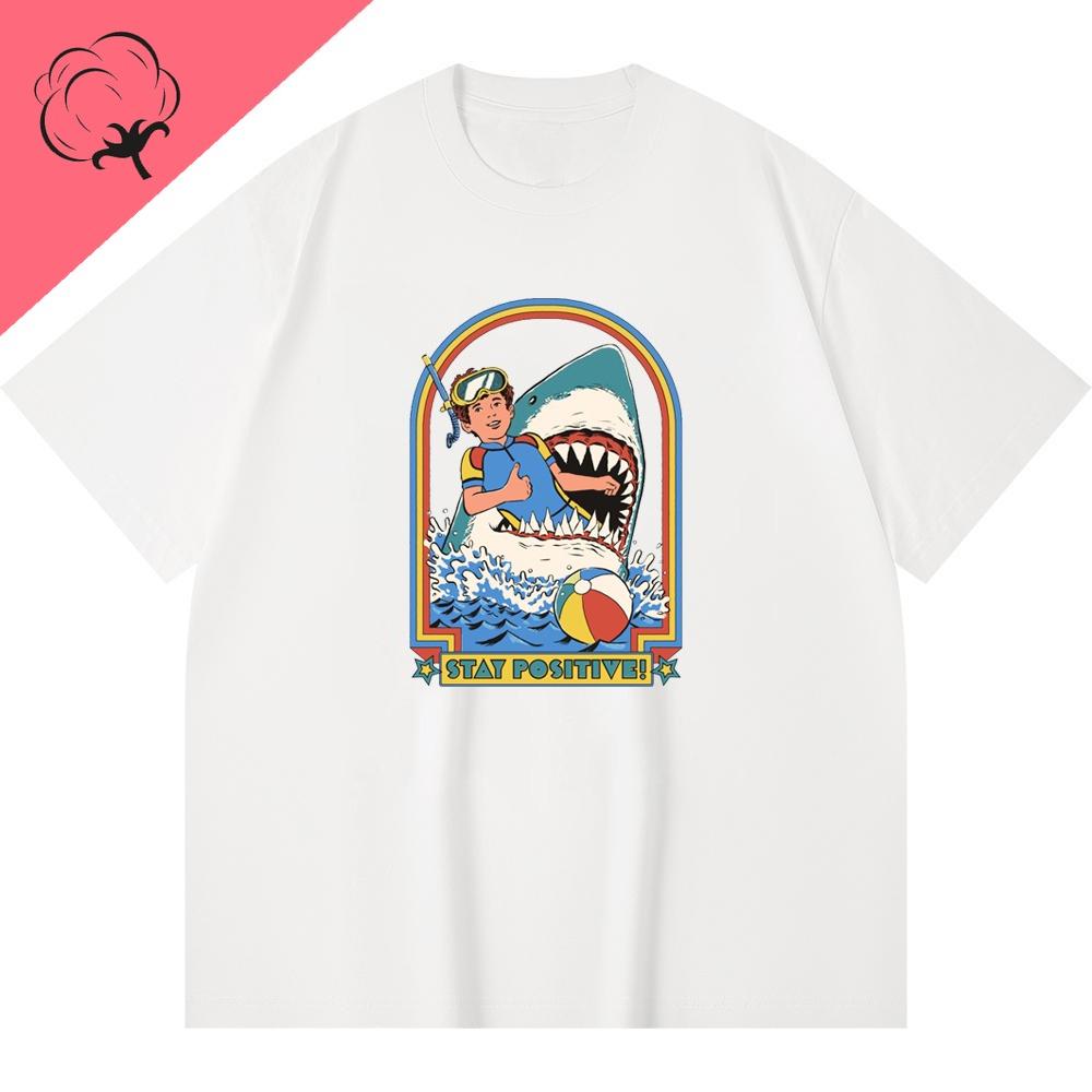 Stay Positive Stay Optimistic Summer Beach Shark Swimming Illustration American Ins Pure Cotton Short-sleeved T-shirt Camisas
