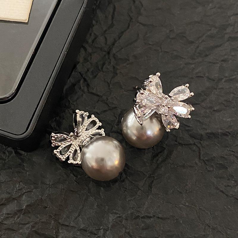 Cercei cu perle gri Shijia, fundă de zircon în formă de picătură de apă, cercei cu design de nișă, cercei, cercei high-end.