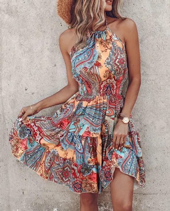 Summer European and American new printed neck dress women