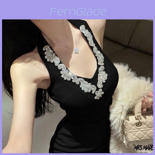 Street Style Diamond Embellished Sleeveless Dress With Turtleneck For Elegant Women
