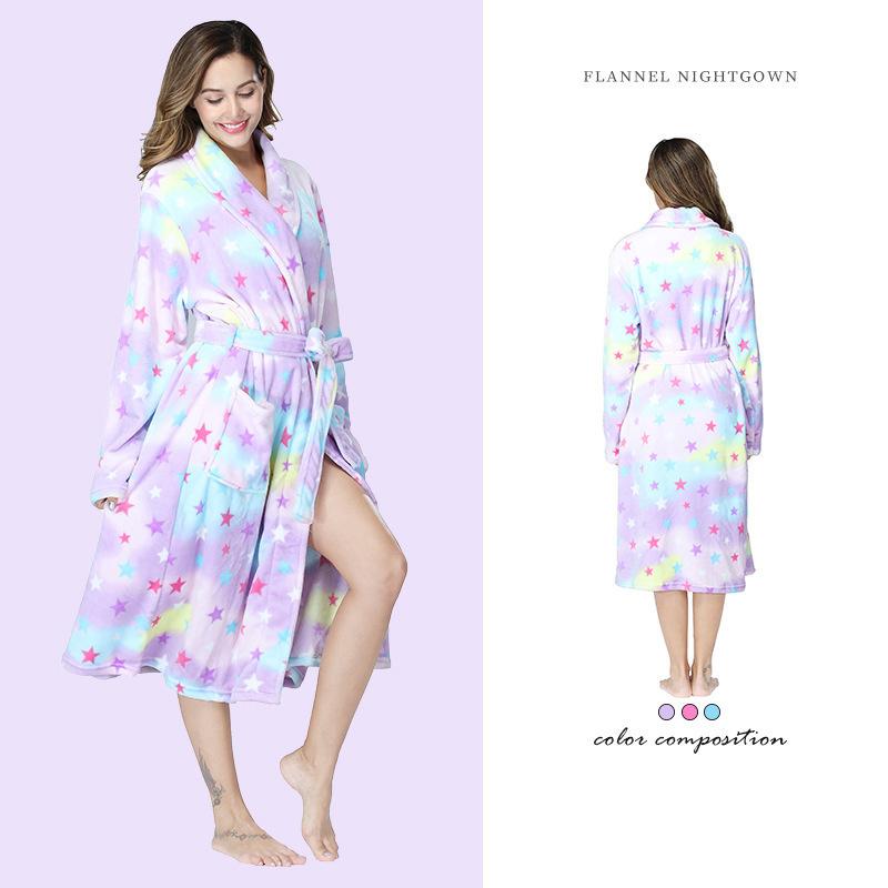 Autumn Winter Lapel Extended Printed Bathrobe Pajamas Nightgown Casual Flannel Nightgown Womens Wear Clothing
