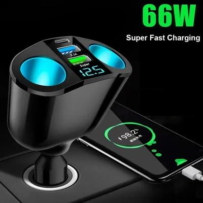 Allume-cigare de voiture 12V-24V Répartiteur de prise Lumière d'ambiance bleue PD QC3.0 Chargeur USB 2 ports C pour chargement de téléphone portable DVR