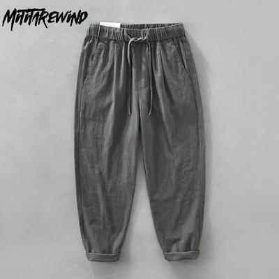 Spring and Summer Baggy Jogging Pants Men Youth Casual Breathable Beach Ramie Cotton Pants Drawstring Elastic Waist Straight Pants