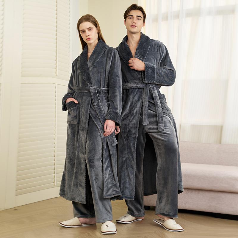 Men's Plush Fleece Robe Set Bathrobe Spa Robes With Pockets Soft Winter Shawl Collar Long Sleeve Robe Warm Pants Set for Men Fluffy Homewear Sleepwear