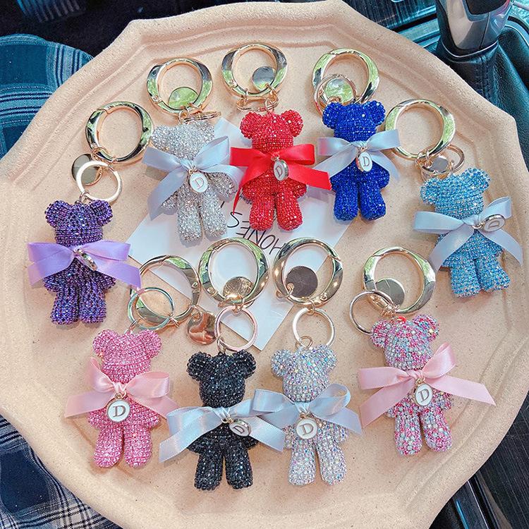 Luxury Jewelry Full Rhinestones Bear Car Key Chain Creative Letter Big Button Key Chains Bag Pendant Doll  Party Gifts For Women