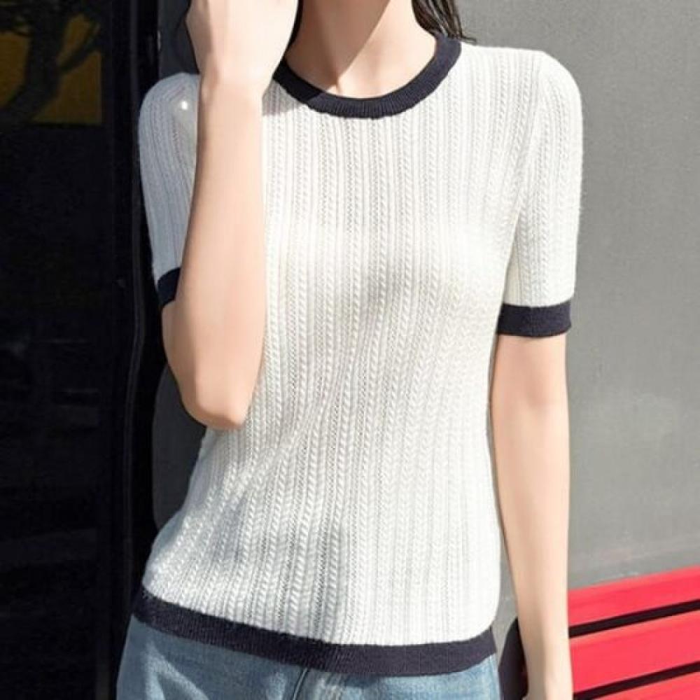 Navava Women Cable Color Round Neck ShorT Sleeve KniT T shirT Nk2926