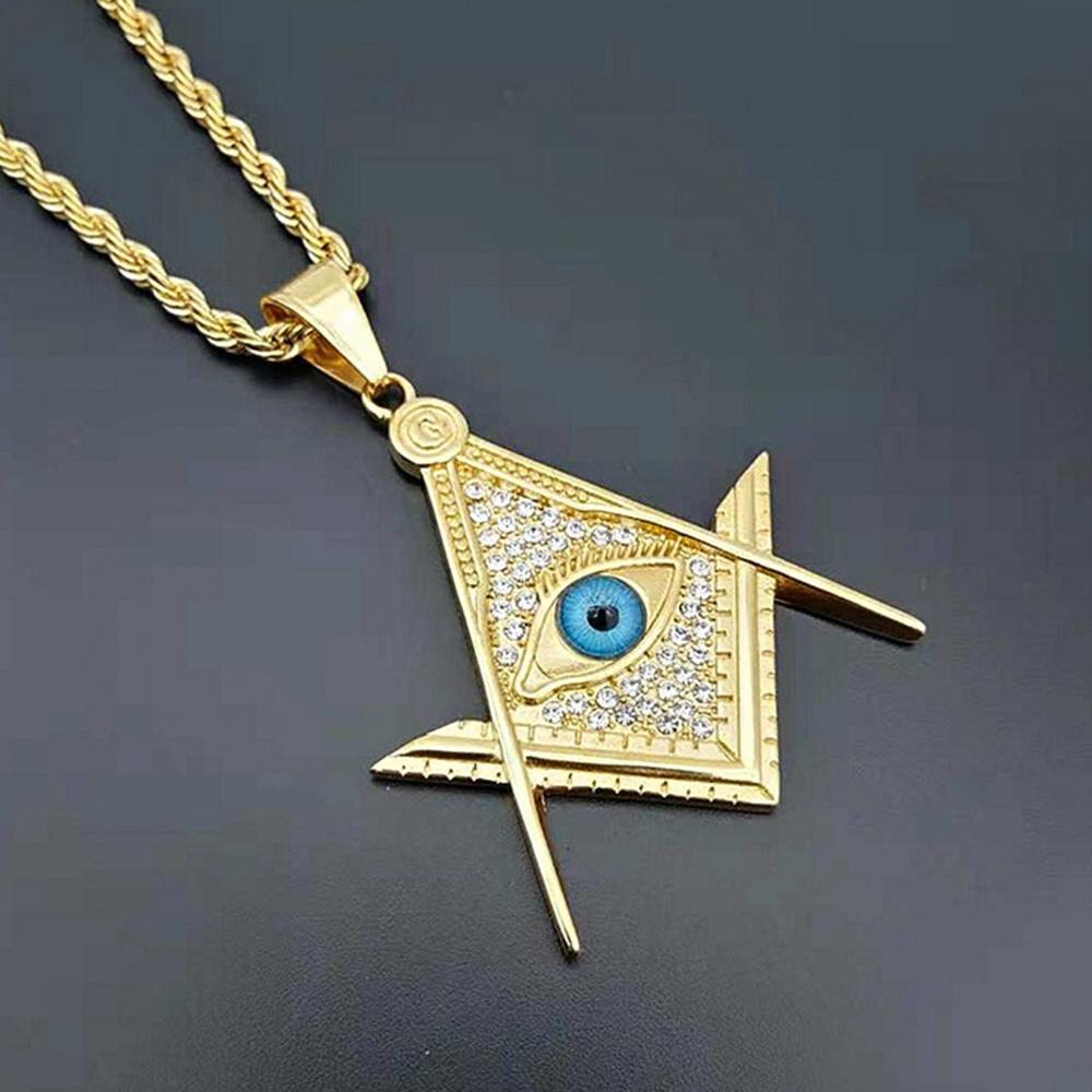 Hip Hop Iced Out Freimaurer Allsehendes Auge Anhänger Halskette Männlich Goldfarbe Edelstahl Kette Für Männer Freimaurer Freimaurer Schmuck