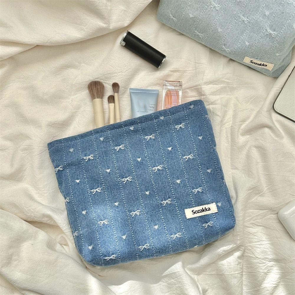 

Сумка-клатч из денима на молнии, косметичка, сумка для хранения средств по уходу за кожей, несессер, косметичка с бантом, кабель светло-синий