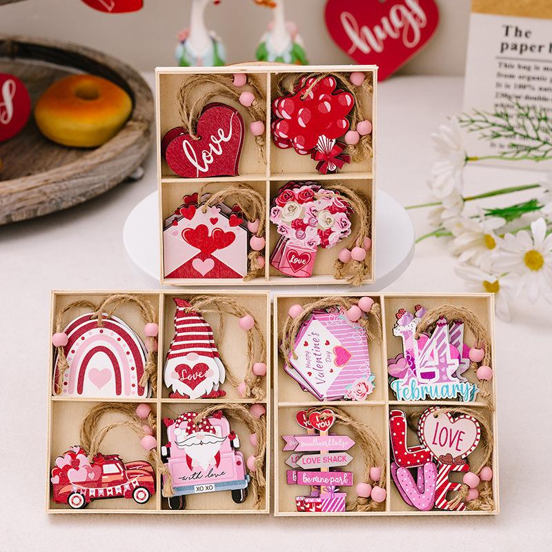 12Pc Valentine Hangings Wood Holiday Decoration Love Flower Valentine Ornaments Valentine'S Day Decorative Love Envelope Pendant