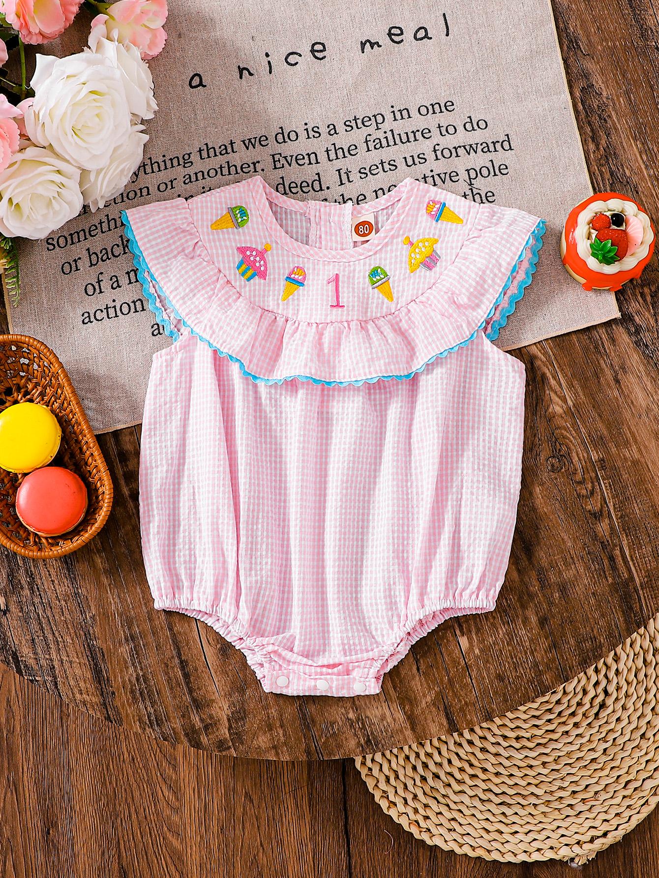 Infant Girls 1st Birthday Embroidered Ruffle Bodysuit, Pink Stripe Cotton Sleeveless Romper 9-12m/12-18m детские розовый