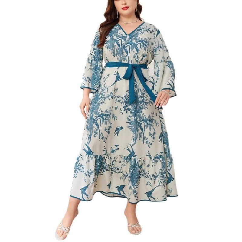 Plus Size Women's Autumn New Fashion Print Temperament Commuter V Neck Swing Mid Length Dress