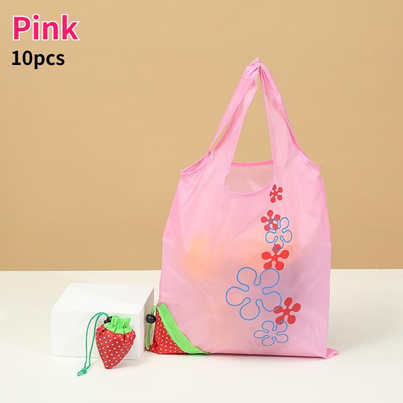 

10pcs Strawberry Foldable Tote Bags with Floral Star Design Large Capacity Reusable Polyester Shopping Bags for Outdoor Travel