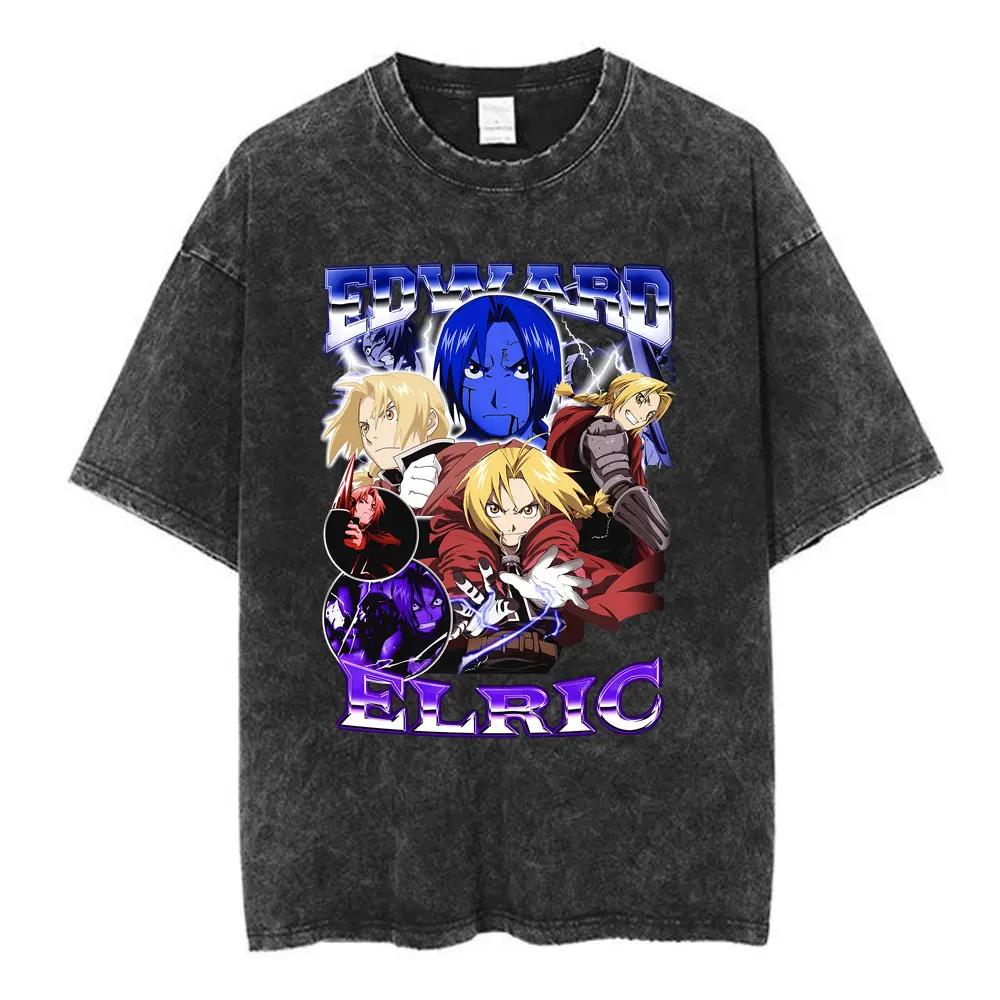 Magliette Lavate Anime Fullmetal Alchemist Edward Elric Alphonse Elric T-Shirt Uomo Donna Moda Casual Magliette Oversize Top