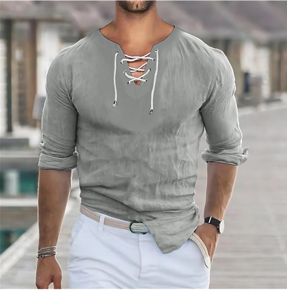 Herren Freizeitshirt Weiß Blau Grau Langarm Einfarbig V-Ausschnitt Frühling und Sommer Freizeit Festival Kleidung Kleidung zum Schnüren