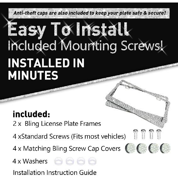 Bling Rhinestone License Plate Frame for Women 2PC, Sparkly Stainless Steel Frames & Over 1200 pcs Finest 14 Facets Black Glass Crystals Premium