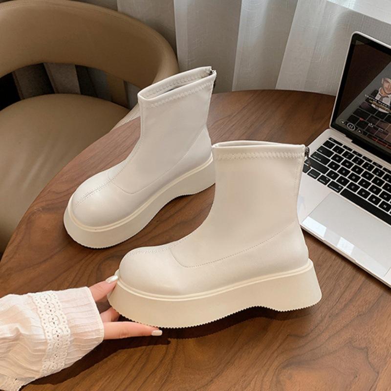 Leather White Short Boots Women's 2025 New Autumn and Winter Boots Platform Shoes Versatile Single Boots Small Martin Boots