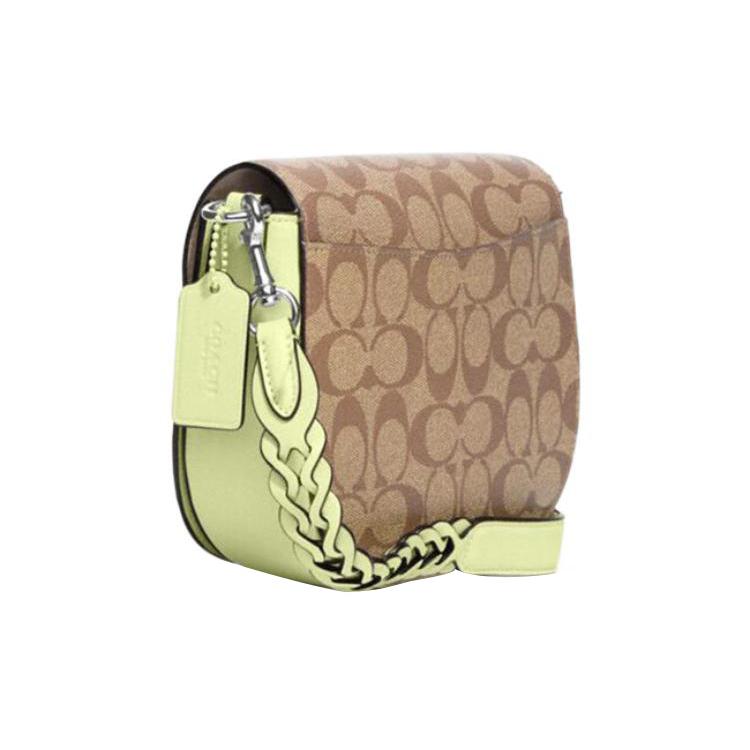 New COACH Morgan Coated Canvas With Leather Saddle Bag, Shoulder Bag, Crossbody Bag Trumpets Women's Brown & Green CJ615-SVUFH