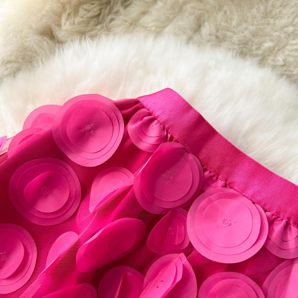 Letní Elegantní 3D Květinová S Vysokým Pasem Puntíky Dlouhá Midi Síťovaná Sukně