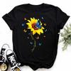 Cotton 100% Comfortable Casual Women's Black Top Women's T-shirt Casual Sunflower Butterfly Print Oversized T Shirt  Tops