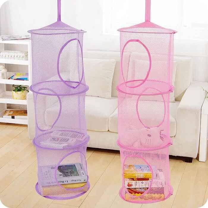 3-Tier Hanging Mesh Organizer with Stacking Open Cages - Ideal for Plush Toy, Multi-Purpose Toy Hammock, Cylindrical Storage Net Hammock