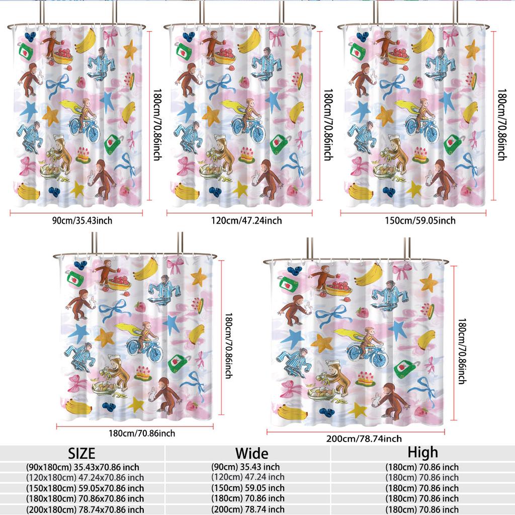 1pc Color Cartoon Monkey Print Waterproof Shower Partition Privacy Hanging Curtain 12 Hook Multiple Size Easy Installation