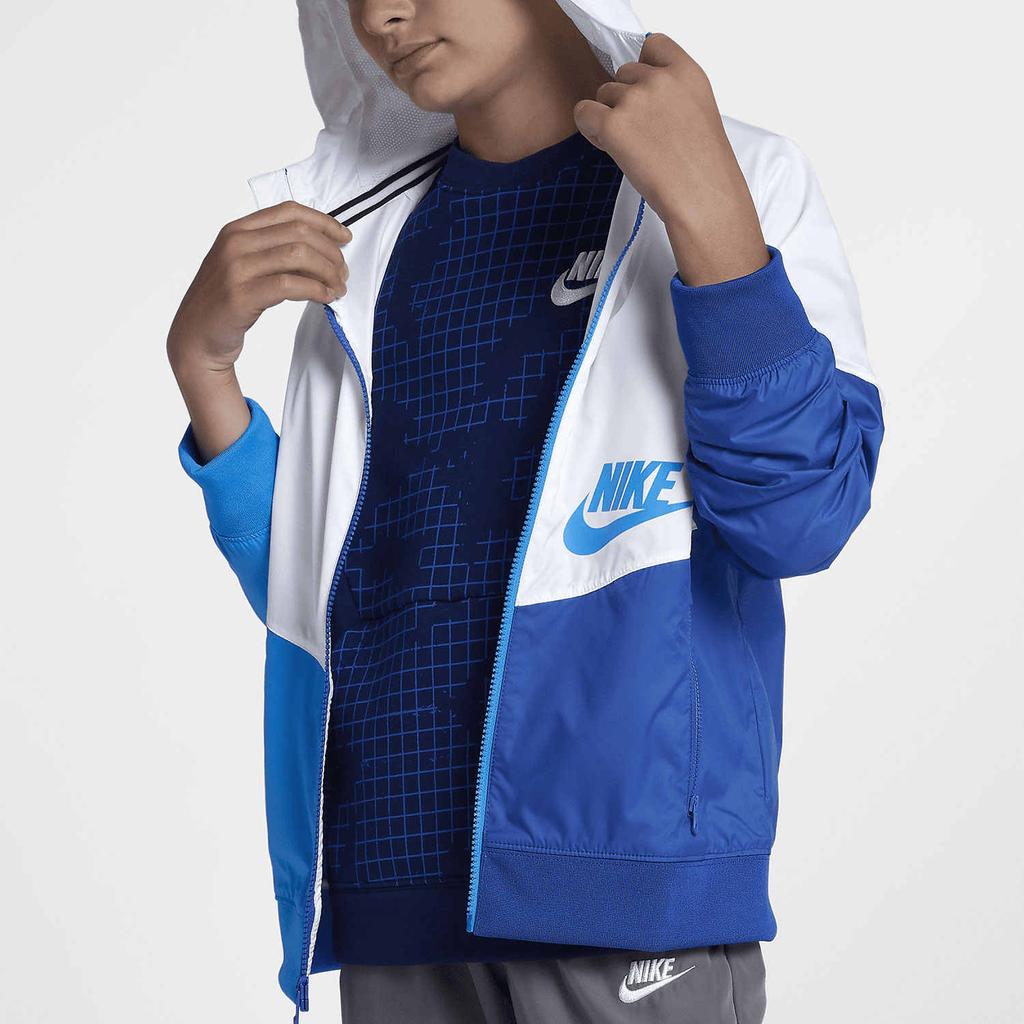 Nike Logo Print Patchwork Hooded Jacket Kids Jackets Blue 939558-100