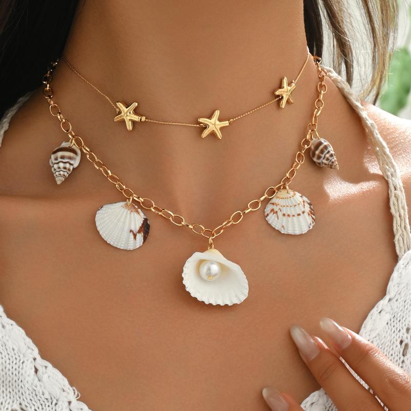 Bohemia Gold Plated Double Layer Shell Necklace For Women Starfish Conch Scallop Pendant Choker Summer Beach Jewelry Accessories