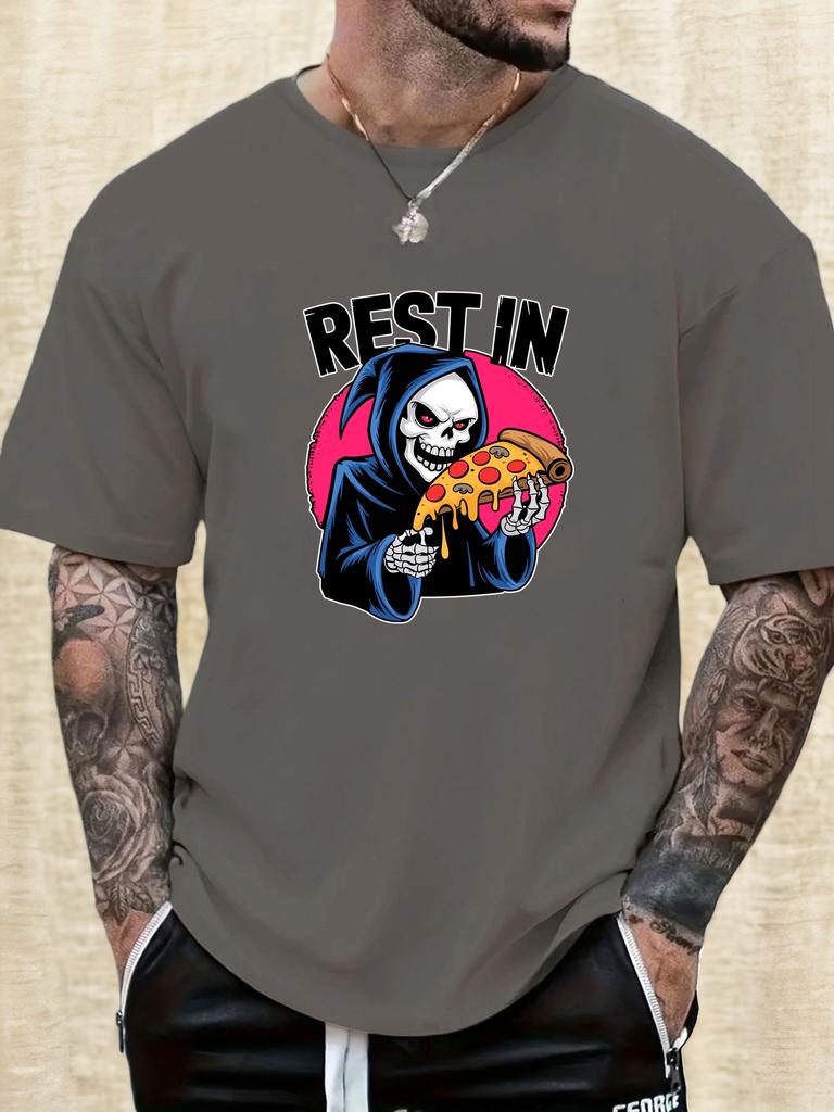 Mens Casual Tshirt Grim Reaper Pizza REST IN Print Short Sleeve Round Neck Breathable Oversized Daily Wear Tee