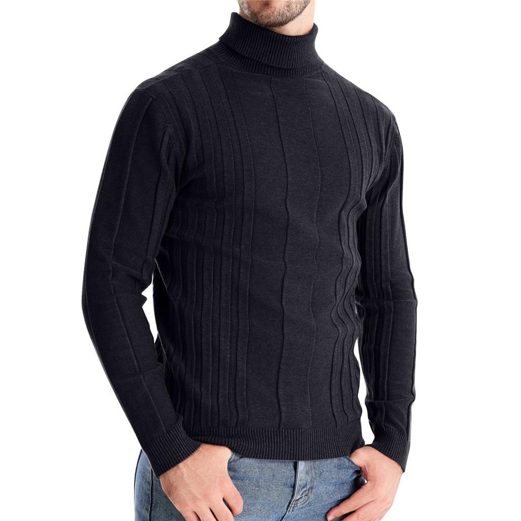 Men's Turtleneck Slim Striped Top Men's Loose Solid Color Casual Long Sleeve Sweater