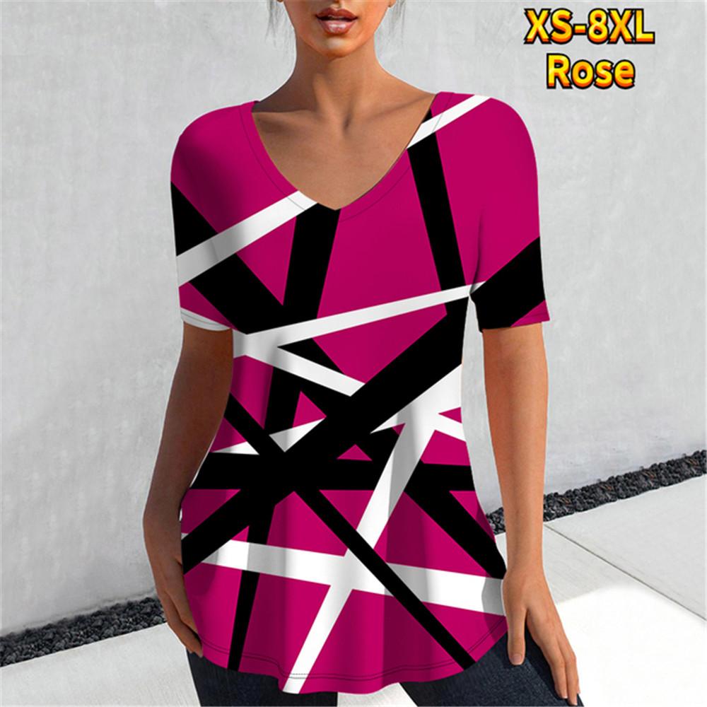 T-skjorte Dame Kontrastfargesøm Digital 3D-trykk Topper Casual T-skjorter Sommer Kort Erm Ny Rund Hals Skjorter Femme