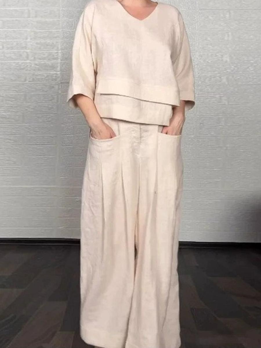 Wind Pure Color Crew Neck Long Sleeve Casual Top with Pocket Straight Leg Pants Two Piece Set S хаки