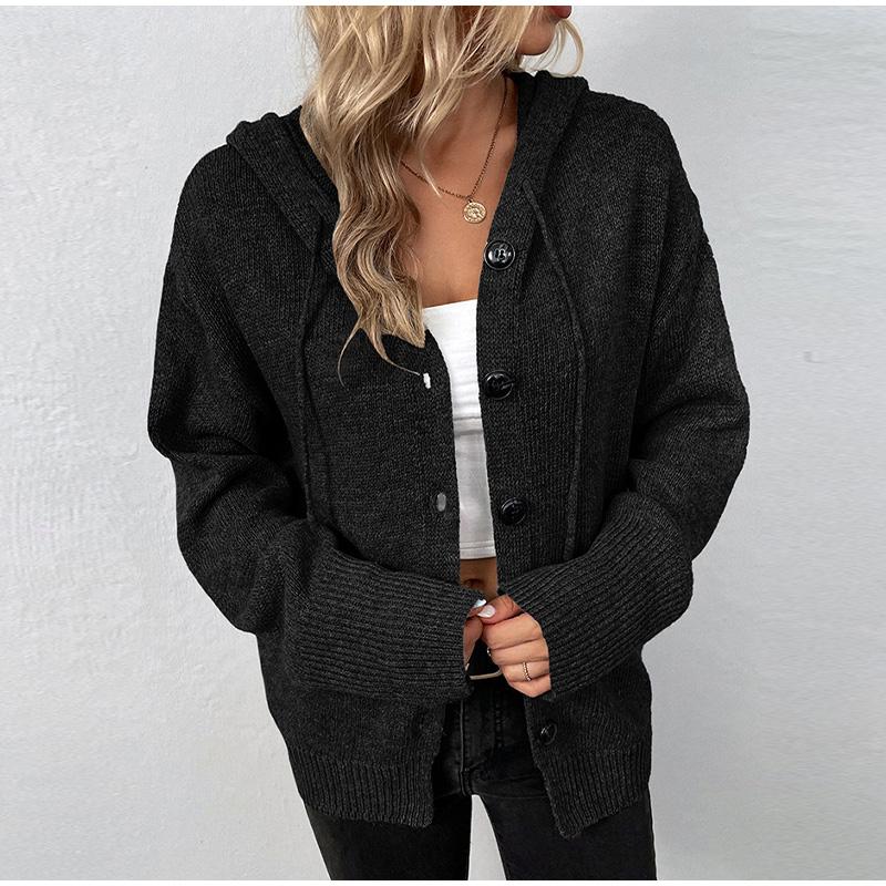 

Женский повседневный и модный вязаный кардиган с длинными рукавами и капюшоном, однобортный свитер, пальто на шнурке XL чёрный
