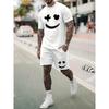 2-piece Men's Fashion Outfit with a Big Smiling Face Pattern, Summer Casual Round Neck Short Sleeved T-shirt and Drawstring Shorts Set