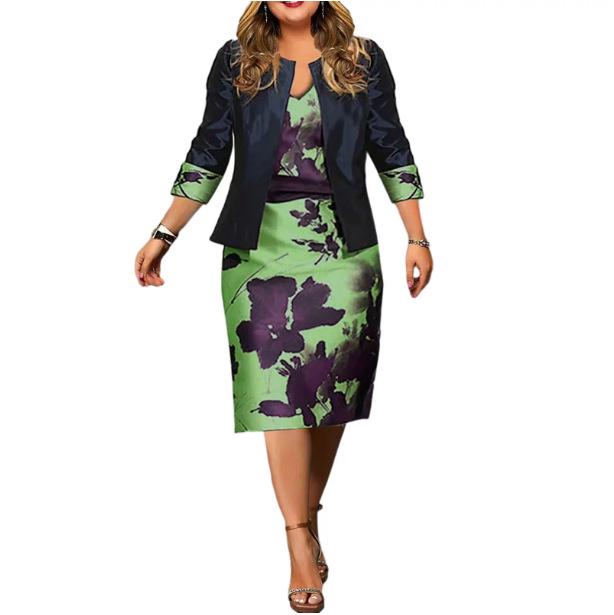 

Two-Piece Plus Size Women s Outfit: Short Seven-Sleeve Top & Hip Wrap Skirt for Spring/Autumn XL