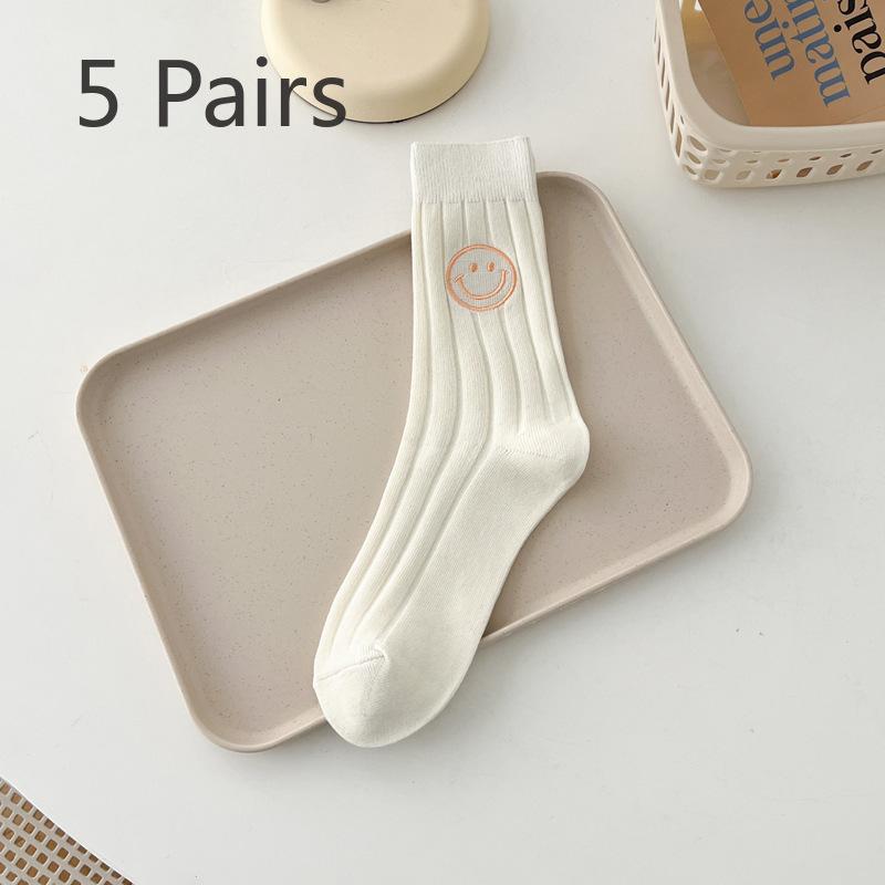 

5 пар весенне-летних модных однотонных хлопковых носков до середины голени с вышитым улыбающимся лицом для женщин 5 Pairs кремовый