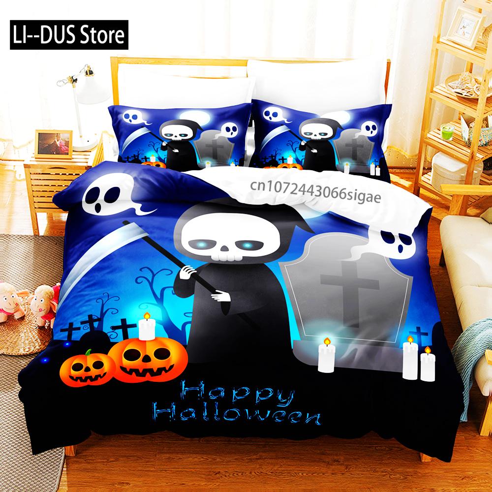 3/4ks Halloweenská ložní souprava s motivy dýní JackOLanterns, duchů, čarodějnických klobouků a lebek. Povlak na přikrývku zapálí ducha sezóny.