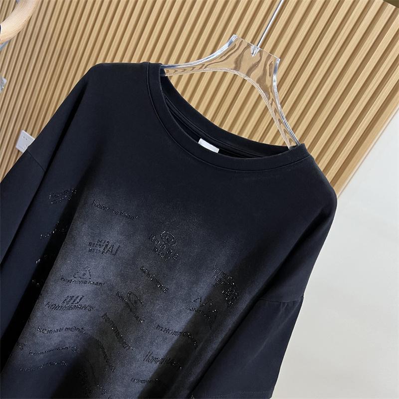Women's Spring Summer Thin Plus Size  Black Loose Fake Two Piece Long Sleeve T-shirt Round Neck Coat