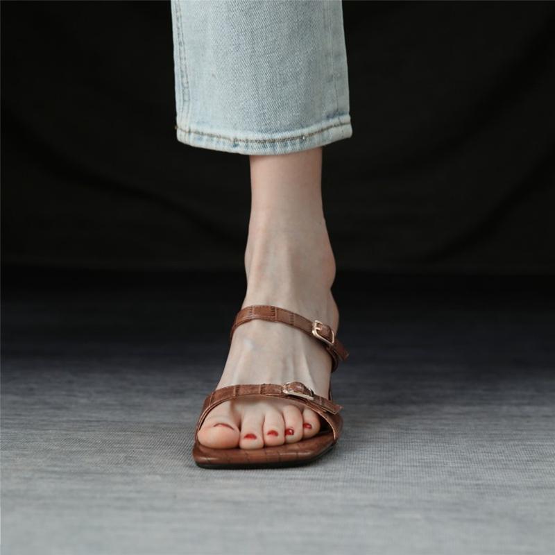 New Summer Sandals Women Concise Square Toe High Heel Fashion Shoes Women Genuine Leather Solid Slippers For Women Heels